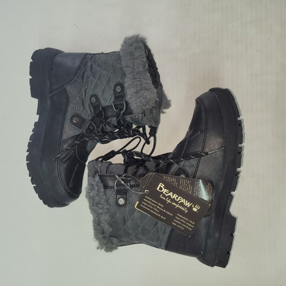 Bearpaw Boot Youth Size 1 Black Bethany Waterproof Leather Wool Blend Lining New